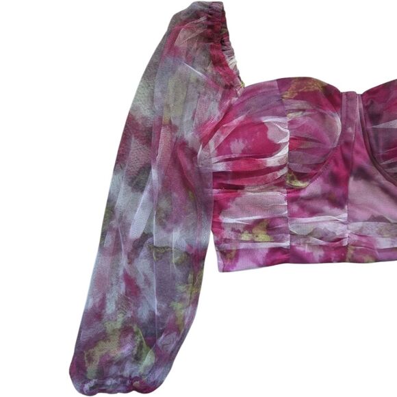 Pink Floral Ruched Crop Blouse W 3/4 Sleeves - M - Picture 5 of 10